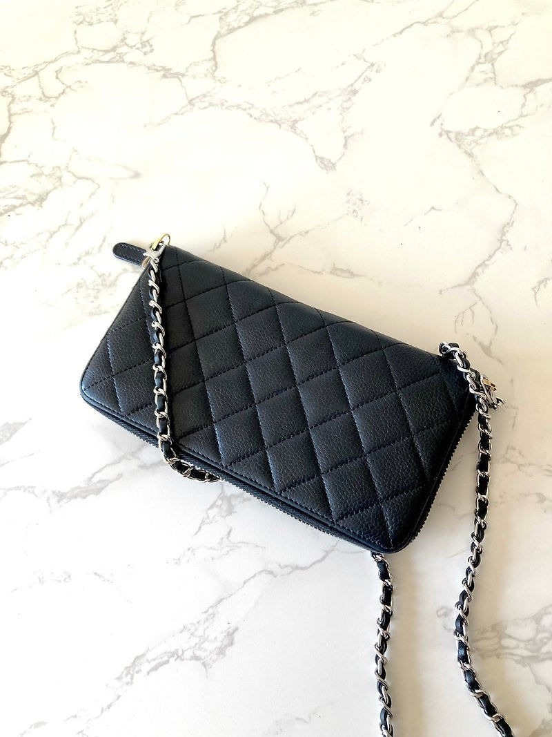 CHANEL Black Silver Caviar Leather Zipper Side Bag/Slant Bag/Long Clip/Wallet - Japanese Second-hand Vintage