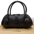 LOEWE Rare Senda Black Double Buckle Leather Embossed Tote / Bowling Bag