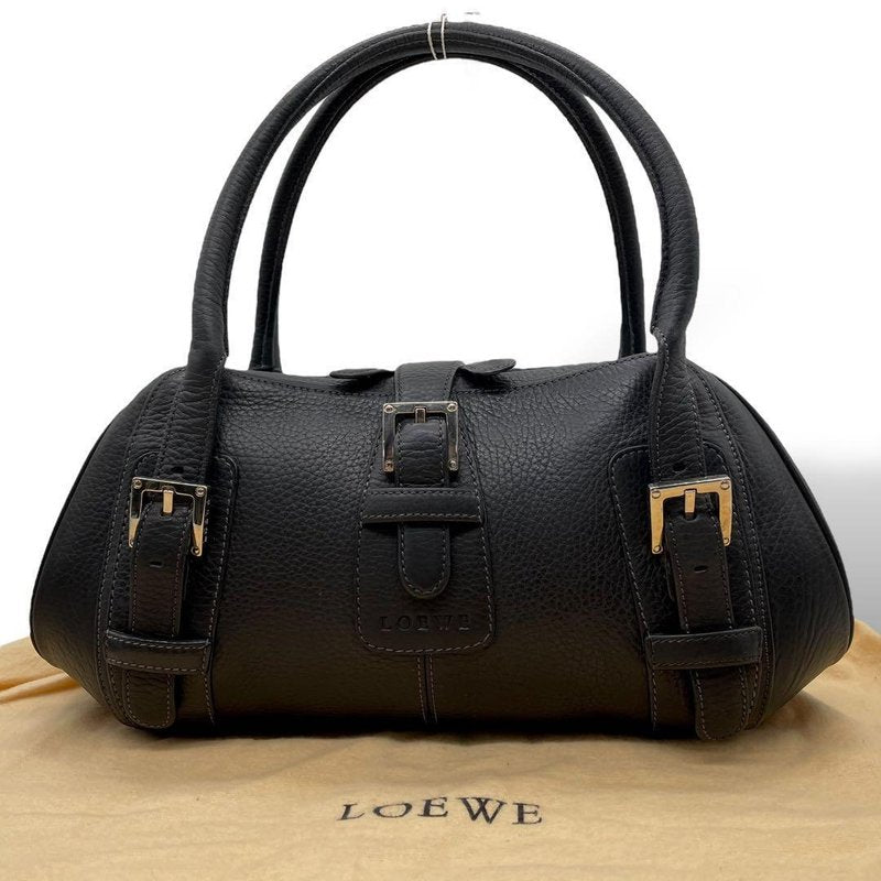 LOEWE Rare Senda Black Double Buckle Leather Embossed Tote / Bowling Bag