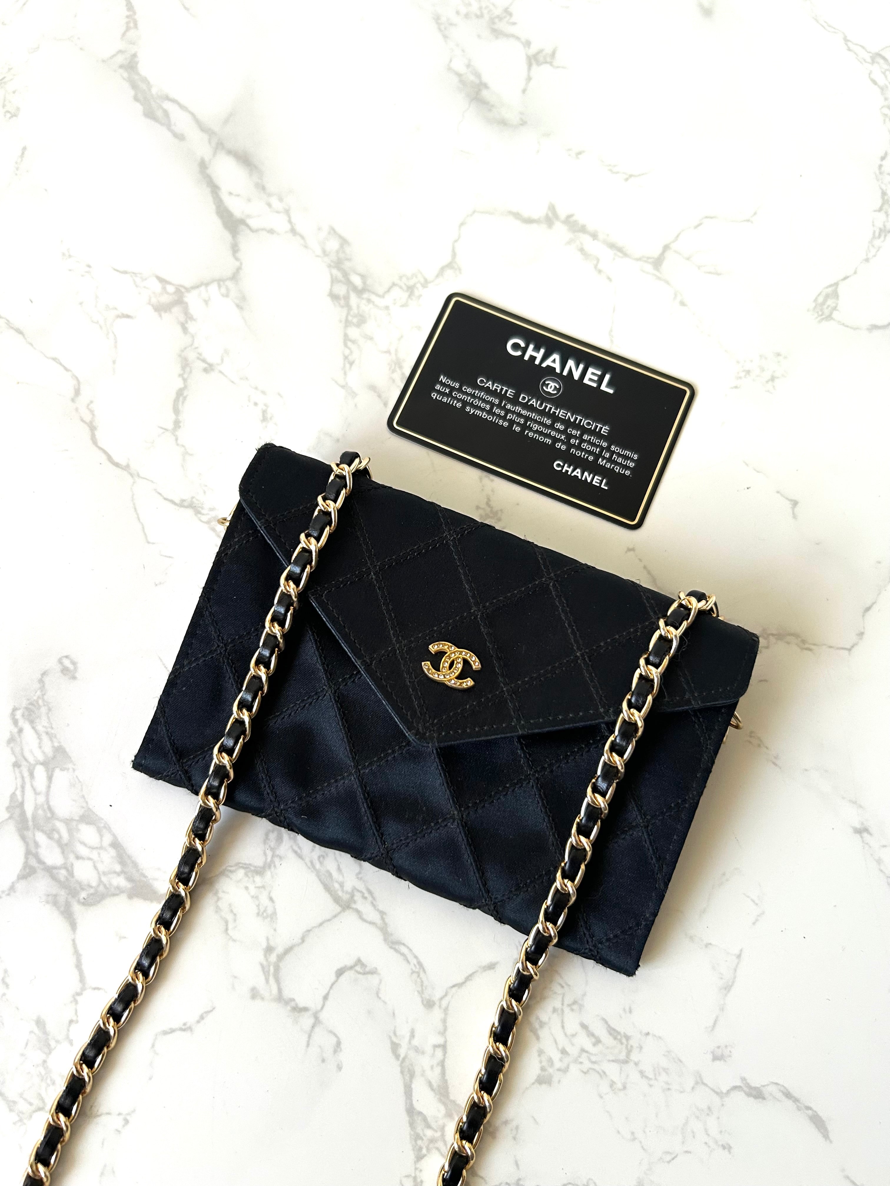 CHANEL Rare Black Satin Rhinestone Small Bag/Side Bag/Messenger Bag/Clutch Bag