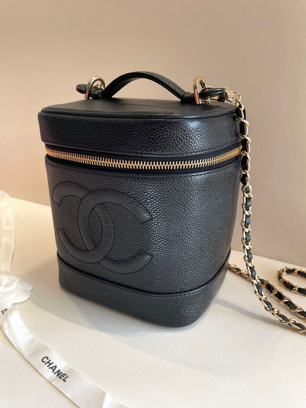 CHANEL Rare Caviar Leather Vertical Vanity Case / Crossbody Chain Bag