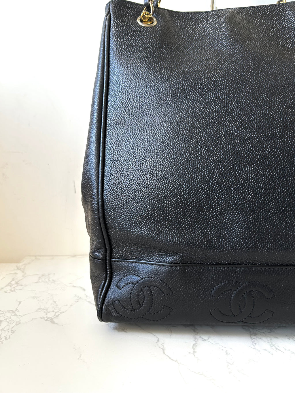 CHANEL black caviar leather chain tote bag / side bag