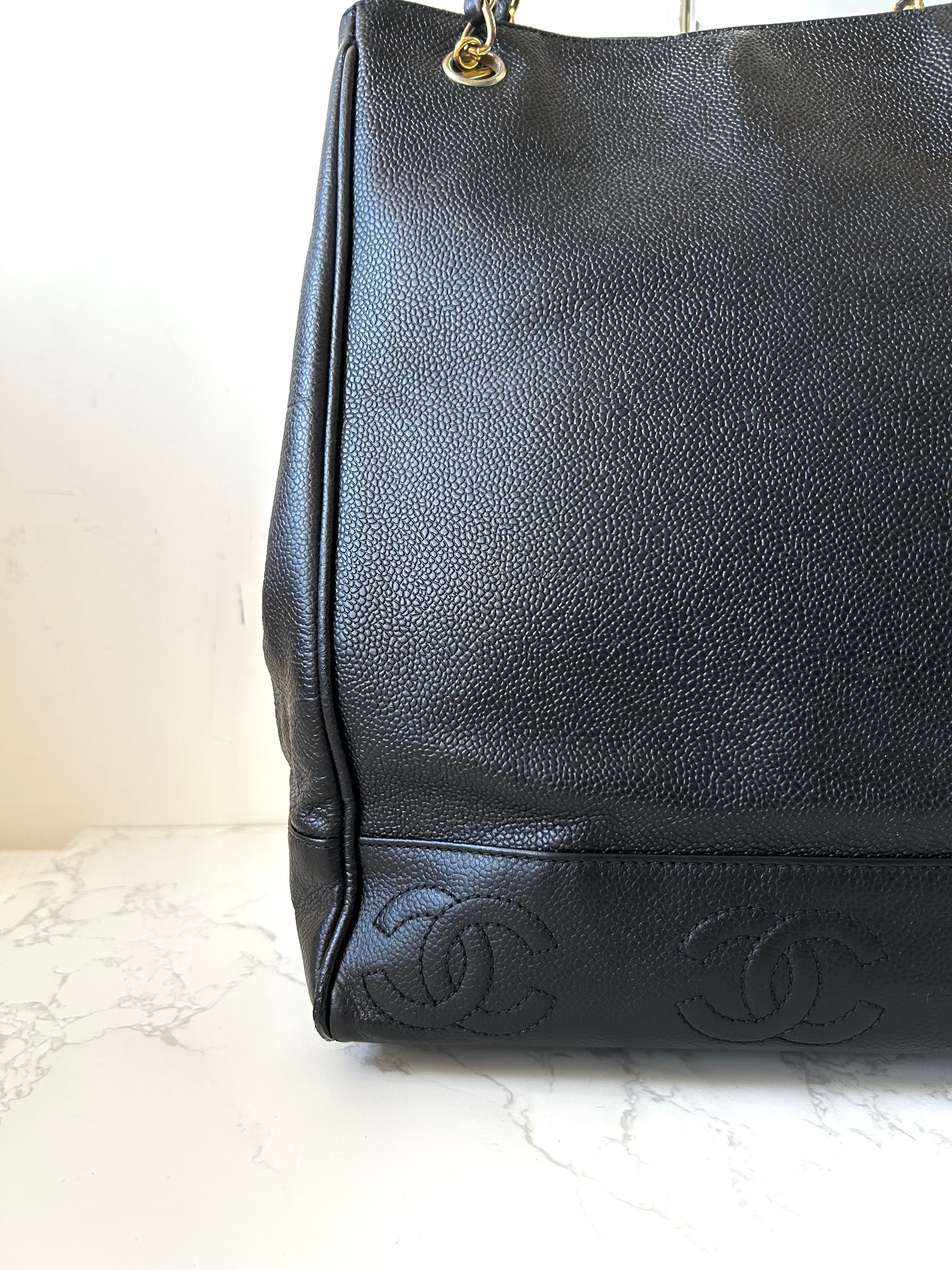 CHANEL black caviar leather chain tote bag / side bag