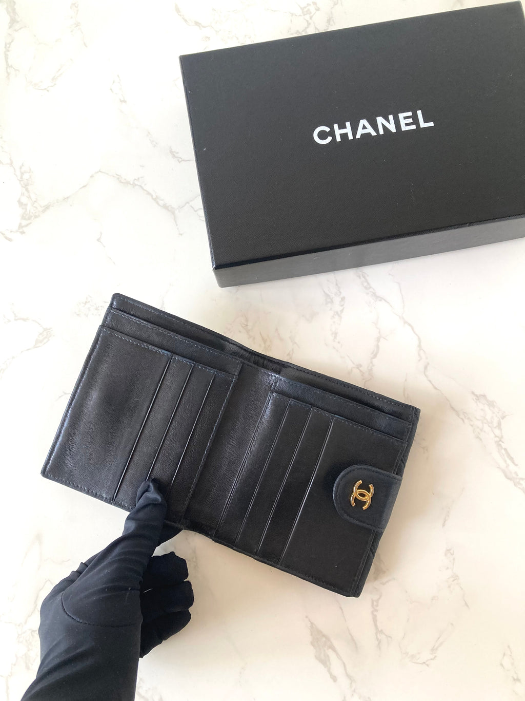 CHANEL Black x Gold Lamb Leather Compact Wallet