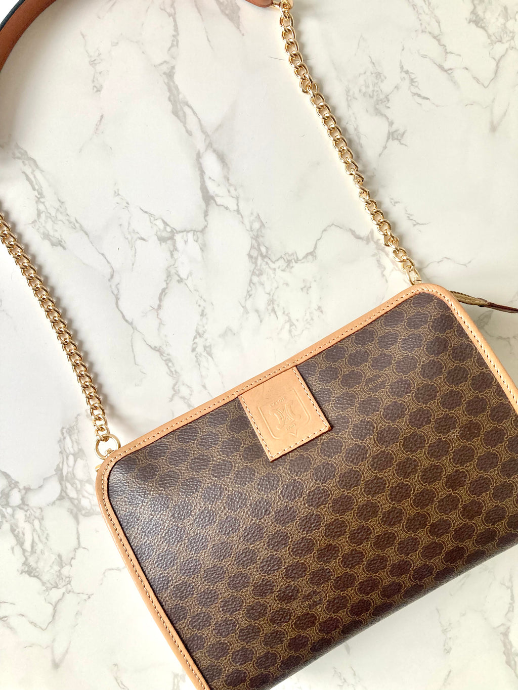 CELINE Brown Macadam Monogram Two-way Shoulder Bag / Pouch Chain Bag
