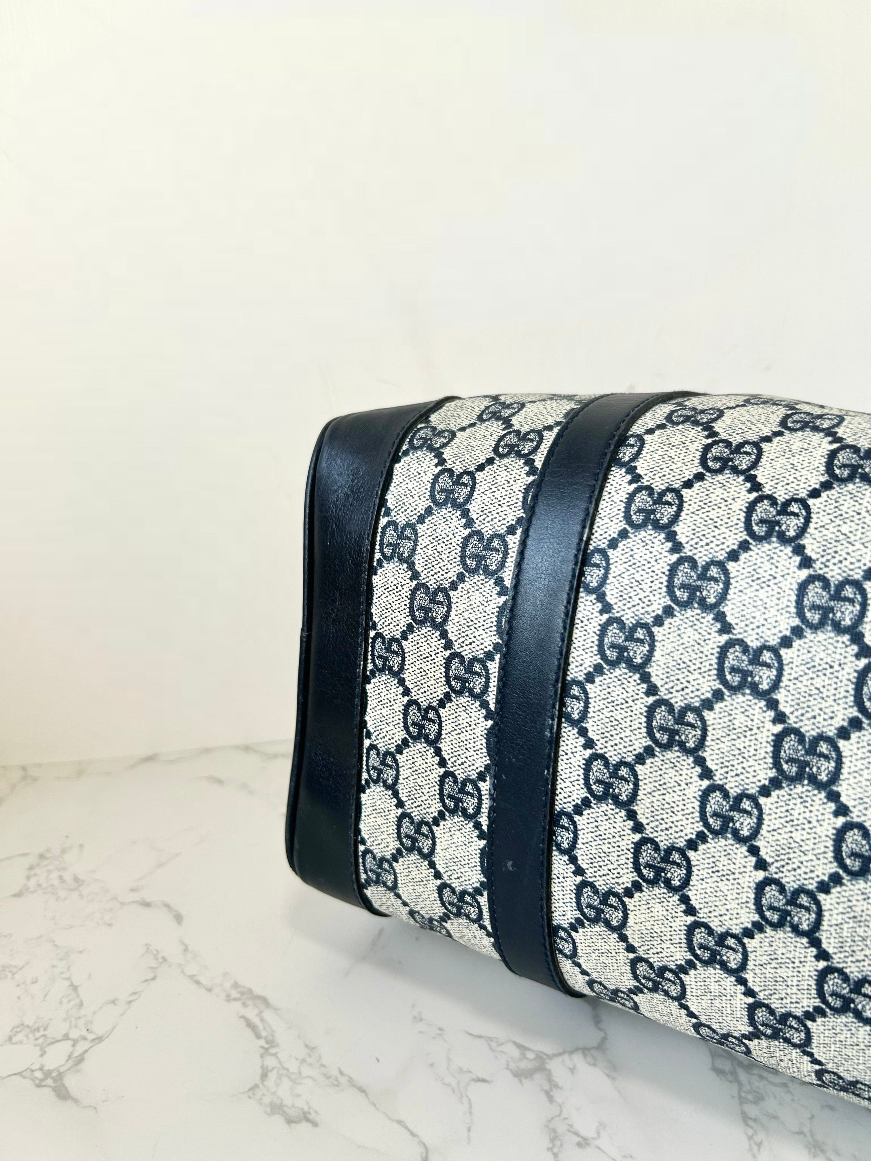 GUCCI rare blue and black old flower leather Boston bag / side bag / oblique bag