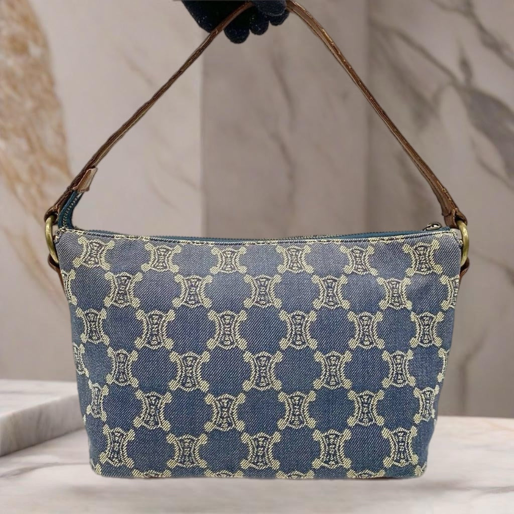 CELINE rare denim blue Arc de Triomphe old flower leather small bag / side backpack / underarm bag