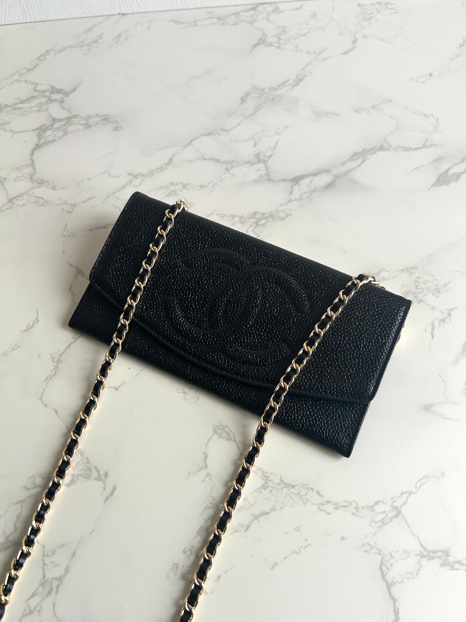 中古二手Chanel黑色魚子醬皮革WOC/側背包/斜背包/錢包