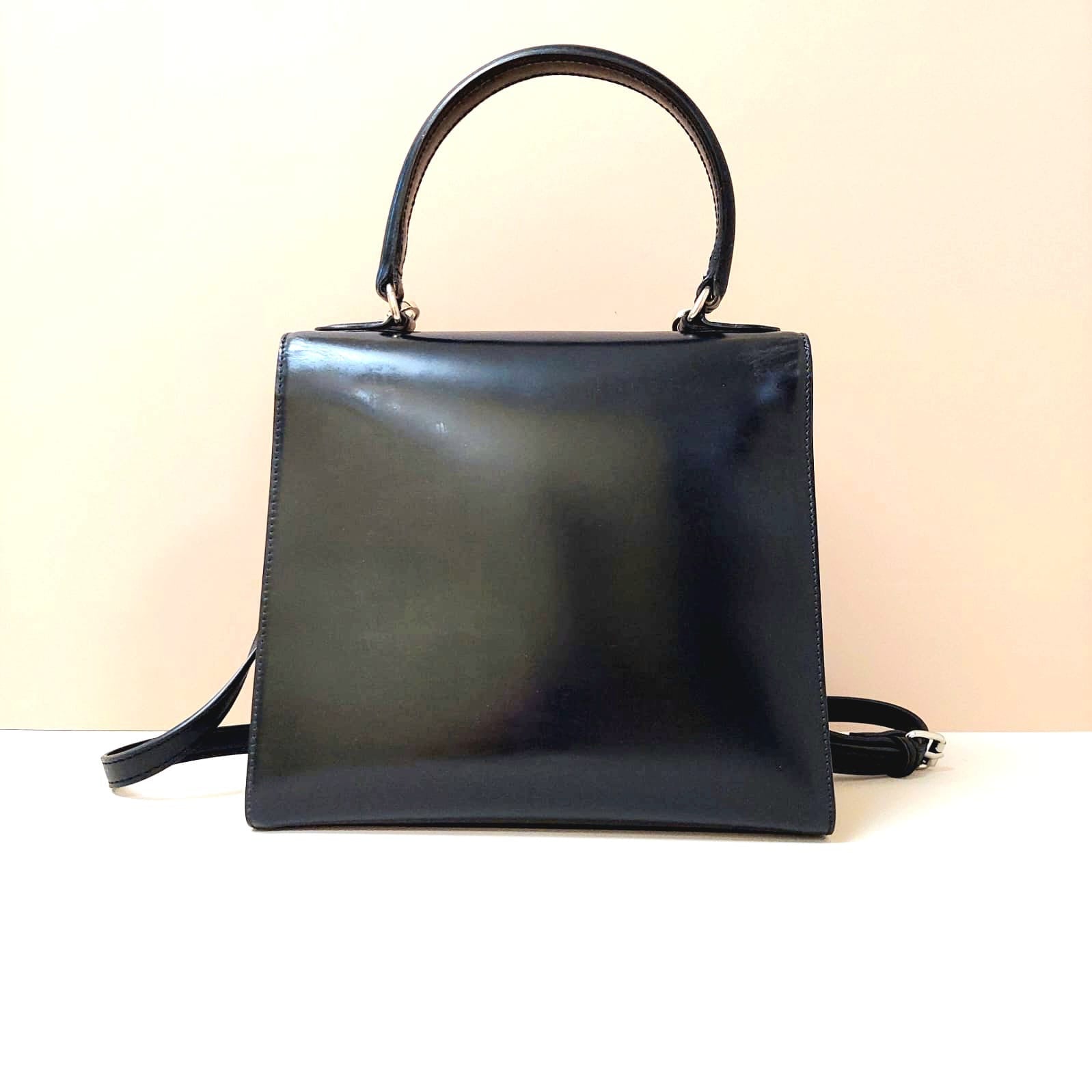 CELINE rare black silver buckle small Kelly handbag/side bag/crossbody bag