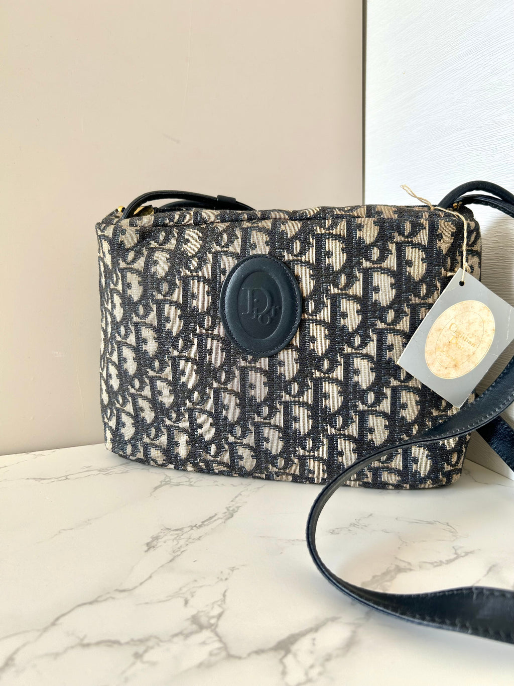 CHRISTIAN DIOR 稀有深藍色黑老花豆腐側背包