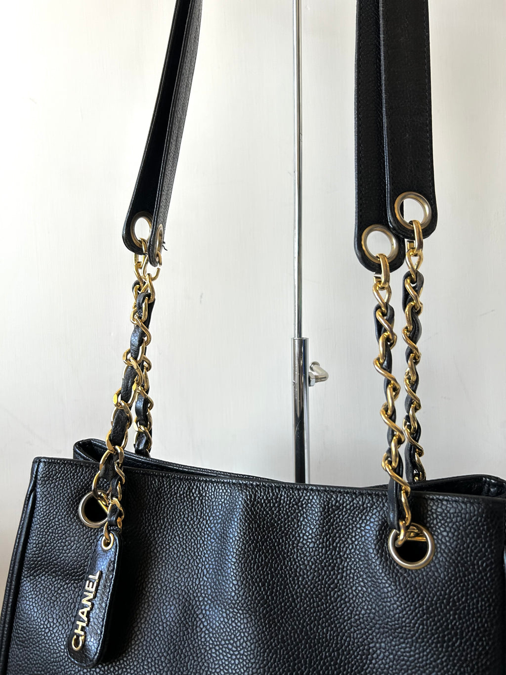 CHANEL black caviar leather chain tote bag / side bag