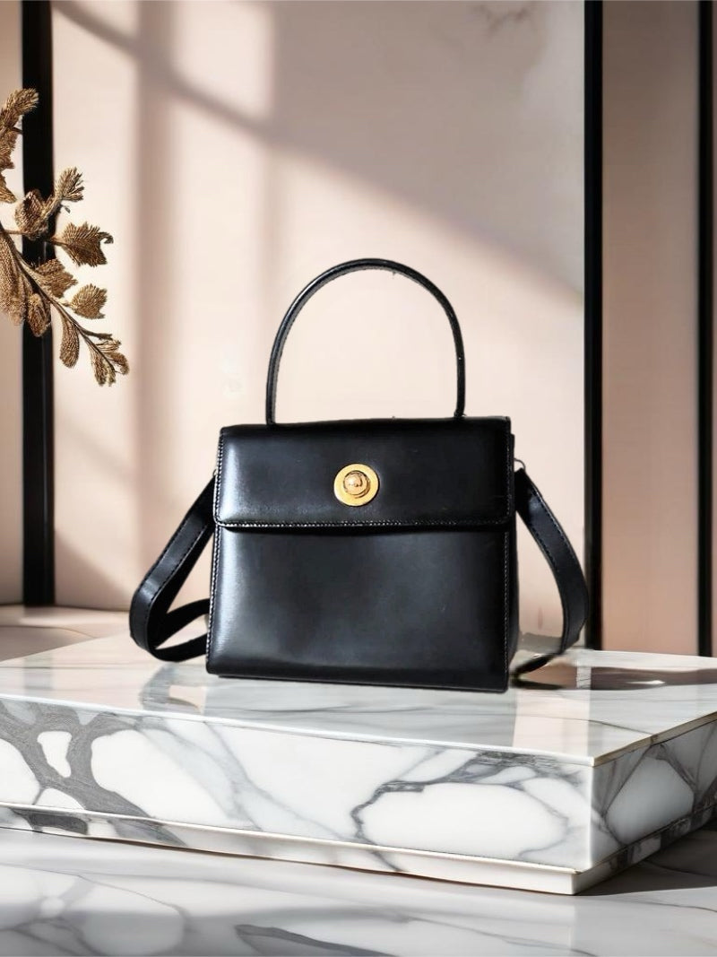 CELINE Rare Planet Black Gold Leather Kelly Handbag/Side Bag/Messenger Bag