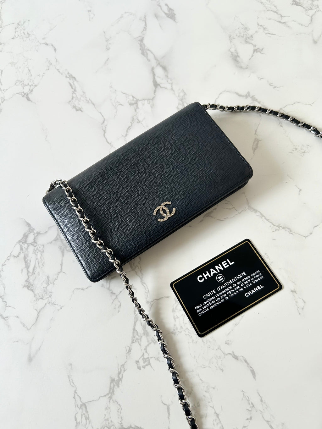 CHANEL 黑色魚子醬牛皮革WOC長錢包/側背包/斜背包