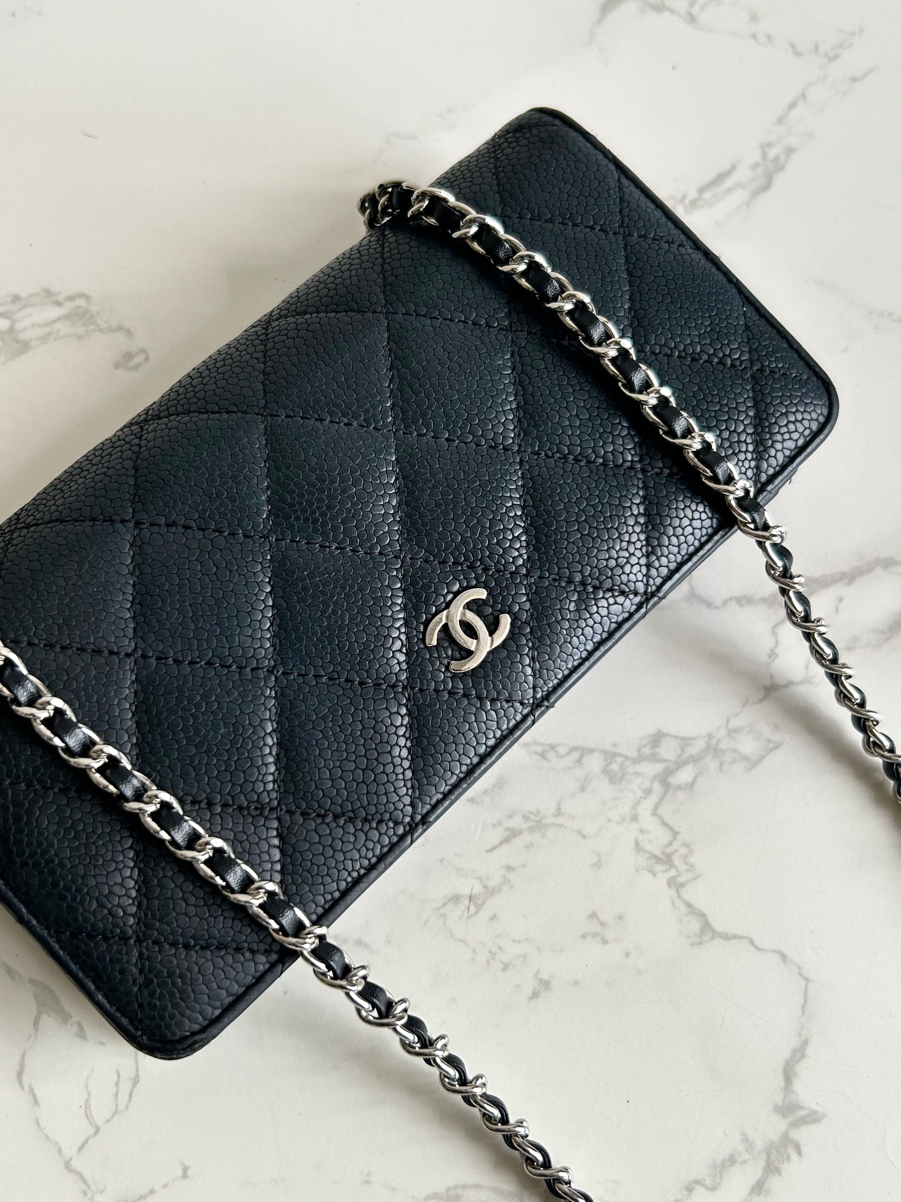 CHANEL black silver buckle caviar leather WOC long wallet / oblique bag / side bag