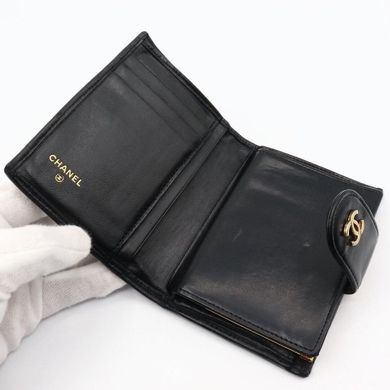 CHANEL rare black lambskin leather large gold buckle gold label short wallet / wallet