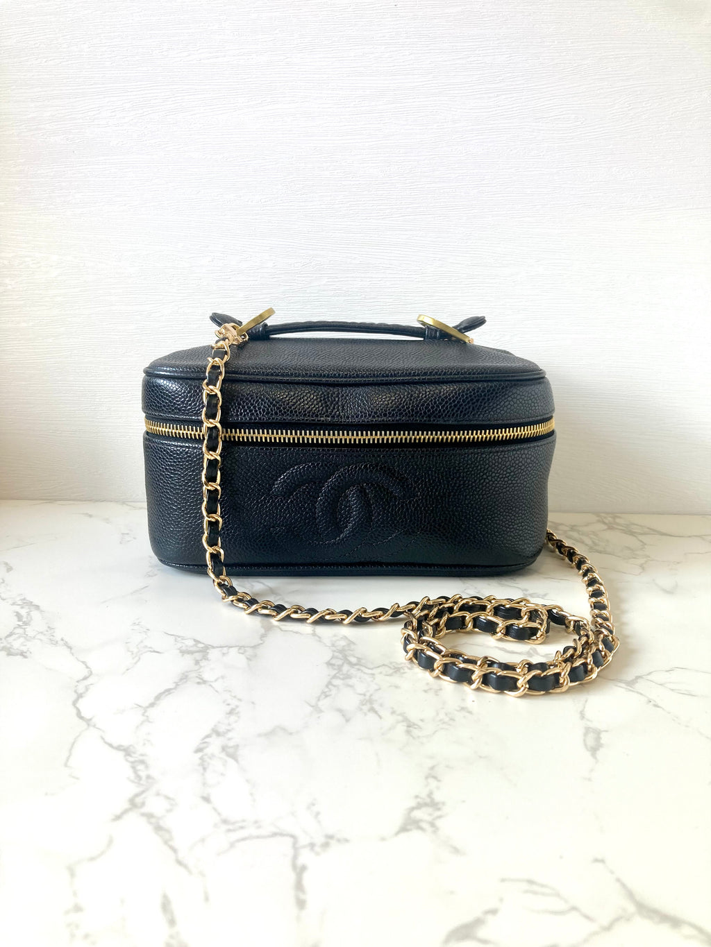 CHANEL Black Caviar Leather Vanity Case / Crossbody Chain Bag