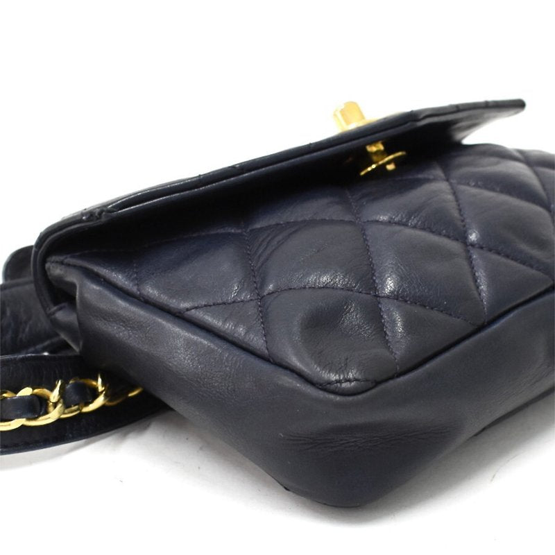 CHANEL rare black blue leather gold rotating buckle belt bag/side bag/clutch bag