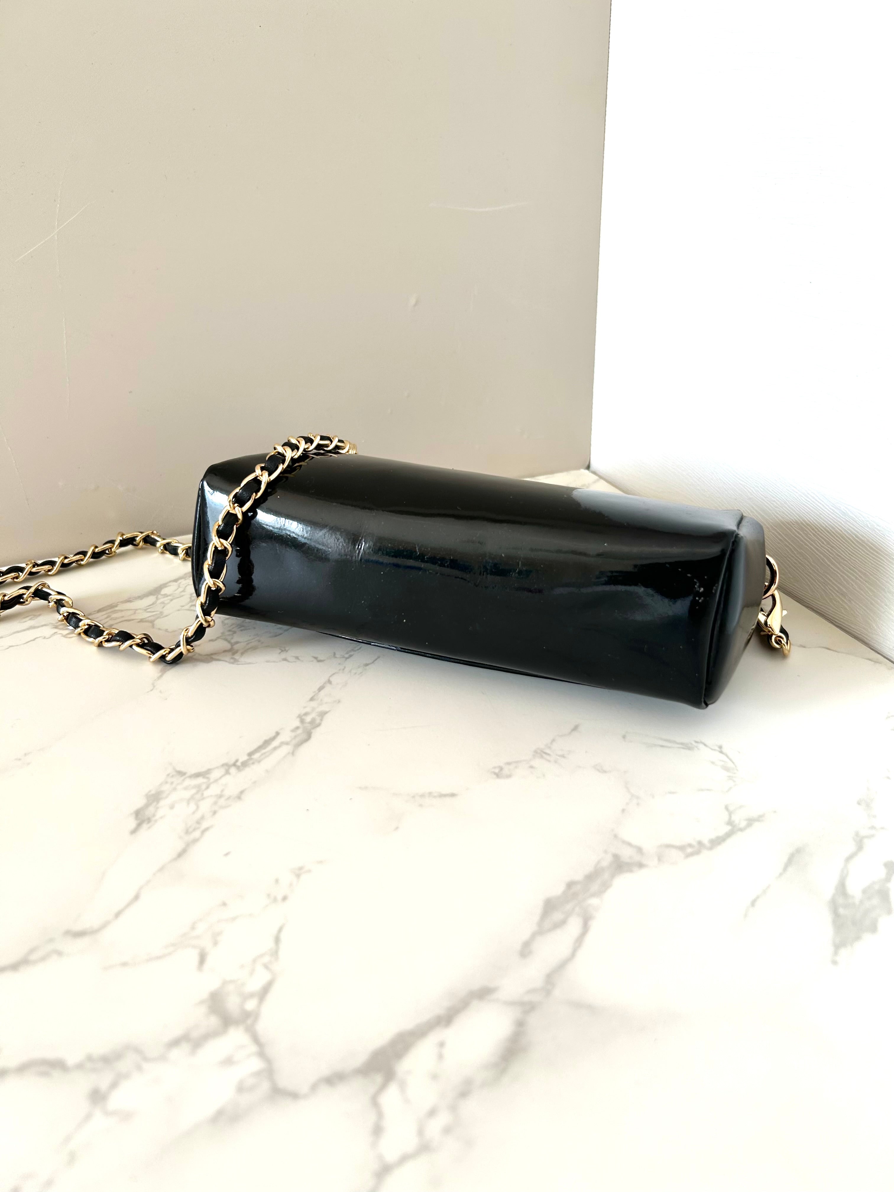 CHANEL Rare Black Patent Leather WOC with Mirror / Side Bag / Crossbody Bag