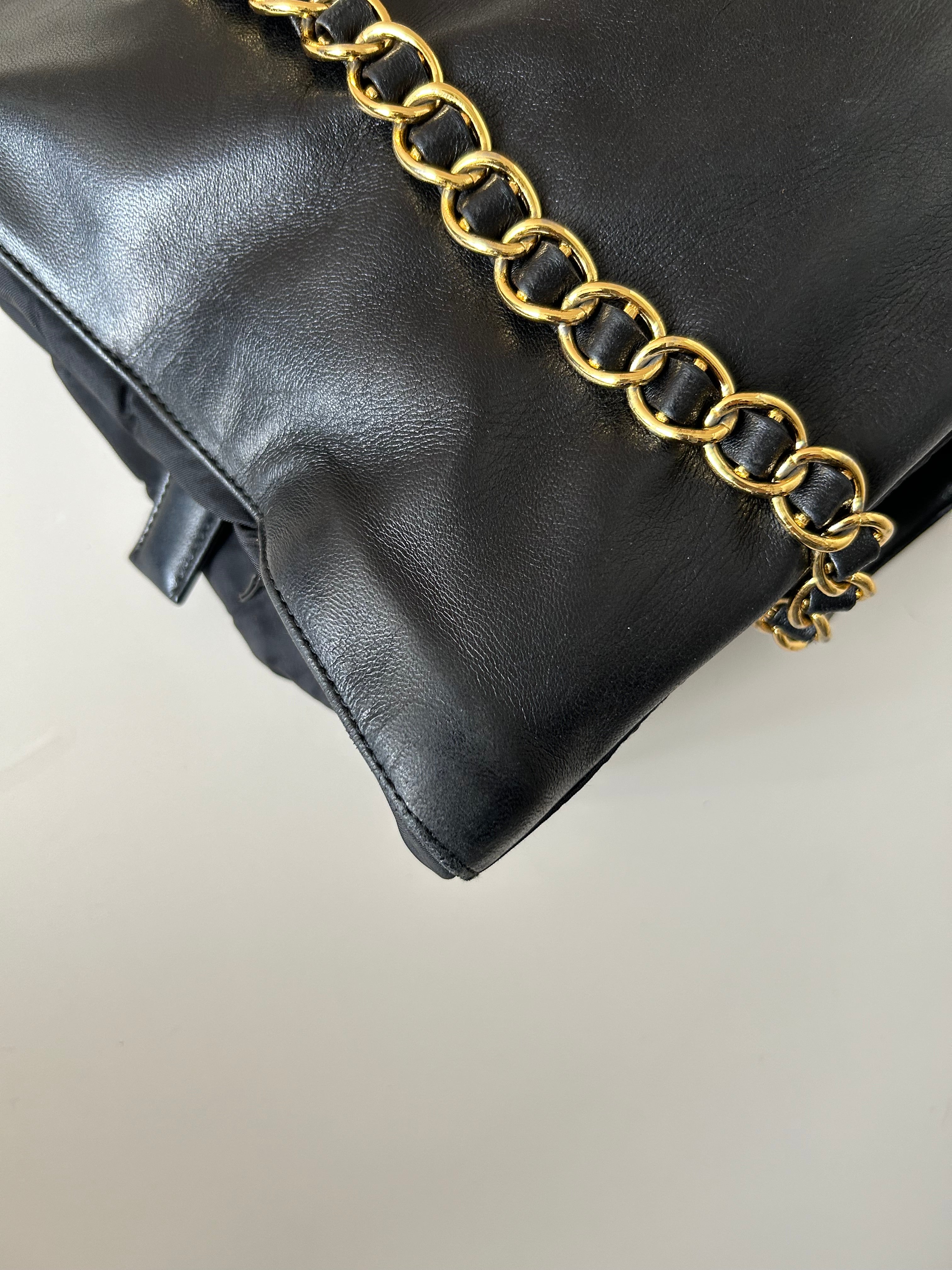 PRADA rare black engraved gold chain tote shoulder bag / side bag