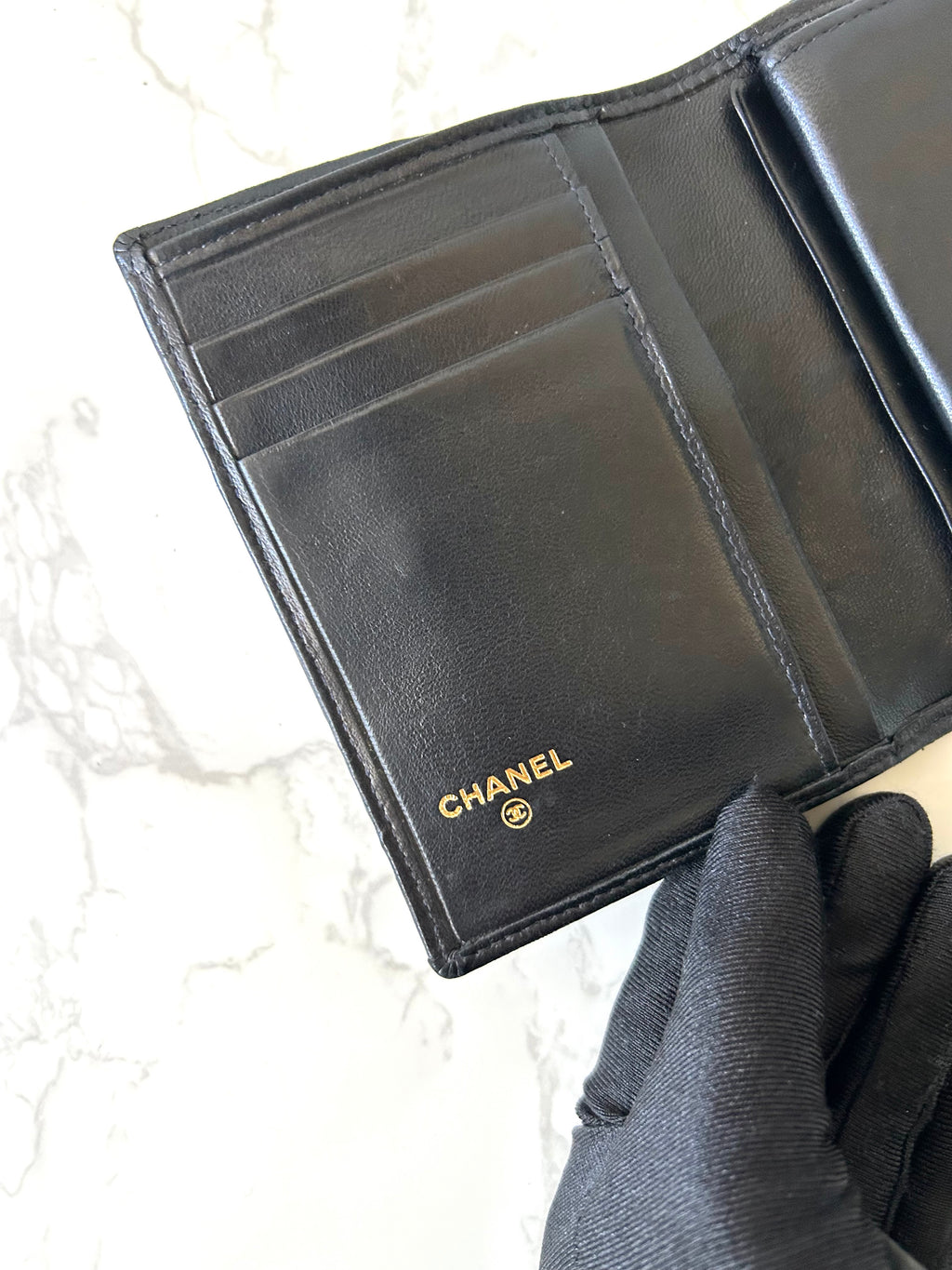 CHANEL rare black lambskin gold label short wallet / wallet
