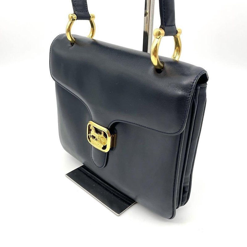 CELINE rare gold carriage black leather side bag / crossbody bag / handbag - Japanese second-hand Vintage