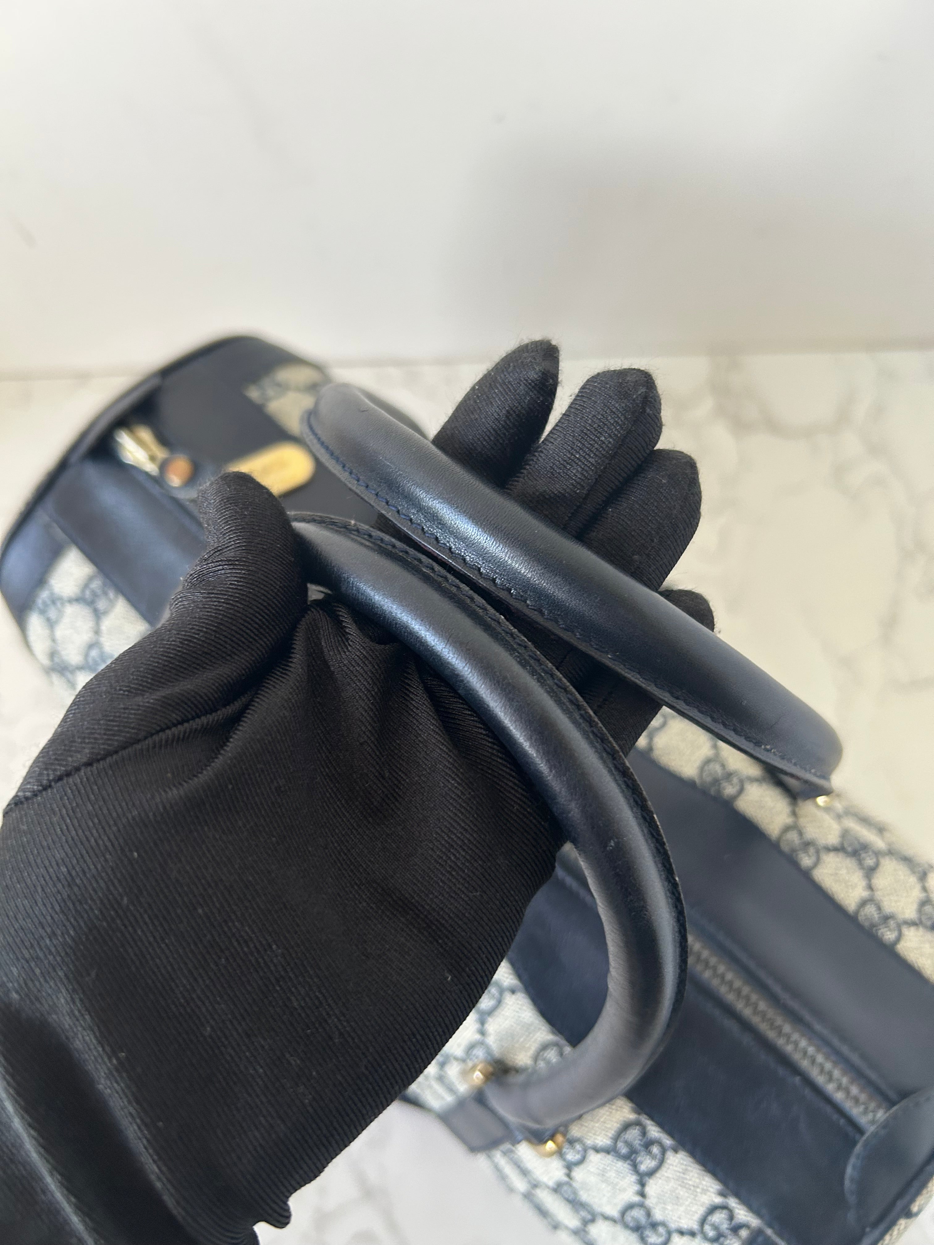GUCCI rare blue and black old flower leather Boston bag / side bag / oblique bag