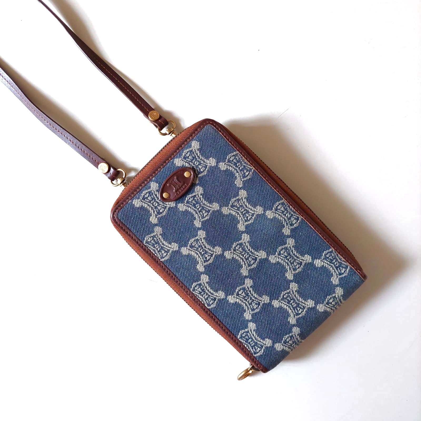 CELINE rare denim blue single shoulder old flower small bag/long clip/wallet/side bag/oblique bag