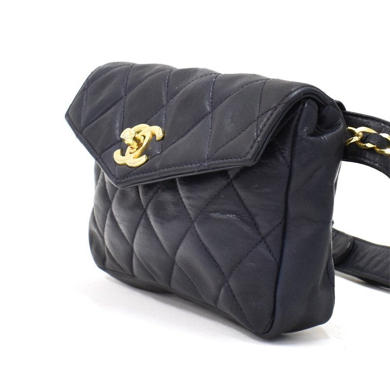CHANEL rare black blue leather gold rotating buckle belt bag/side bag/clutch bag