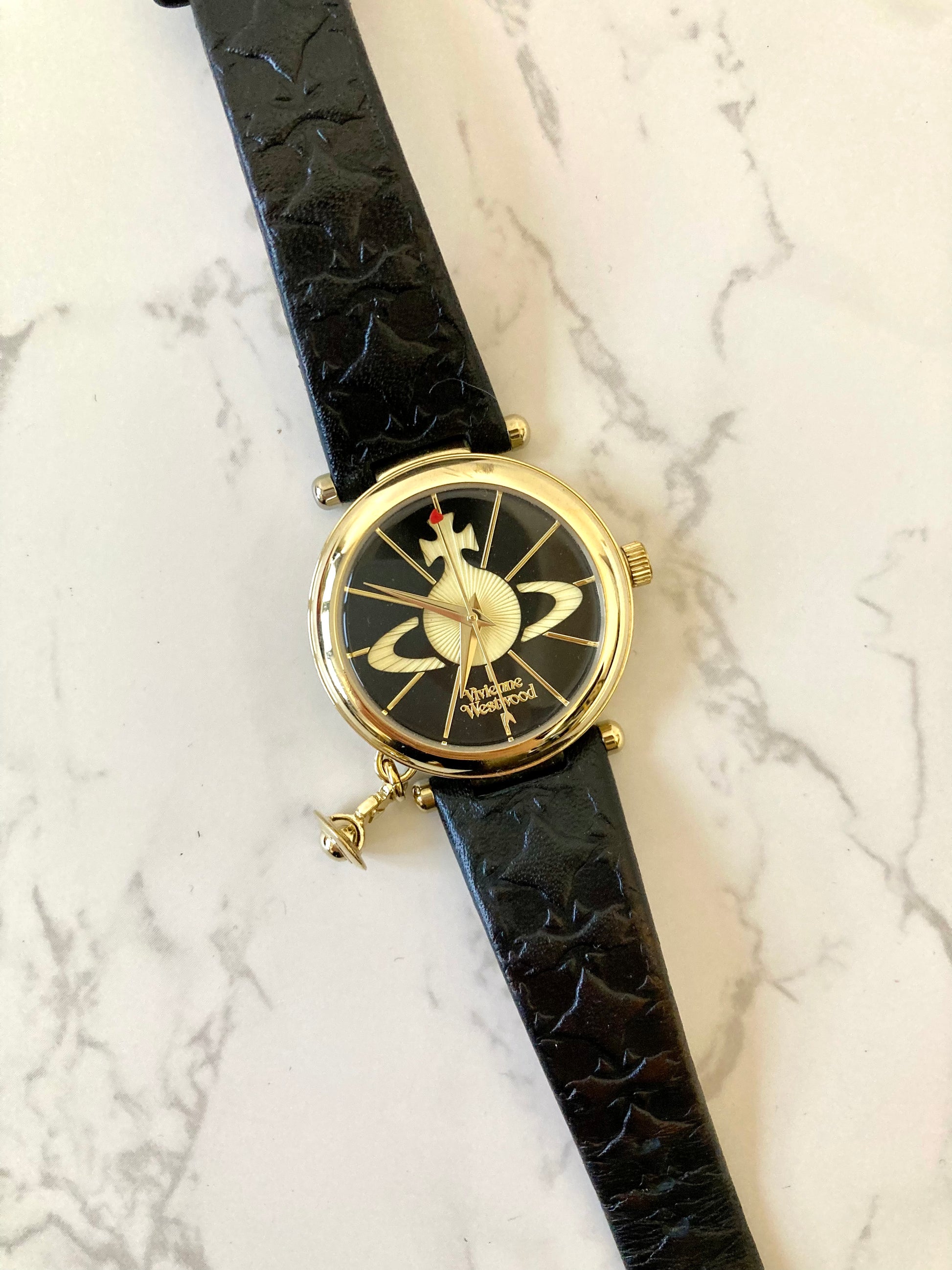 VIVIENNE WESTWOOD Black x Gold Unisex Quartz Watch with Planet Accessory