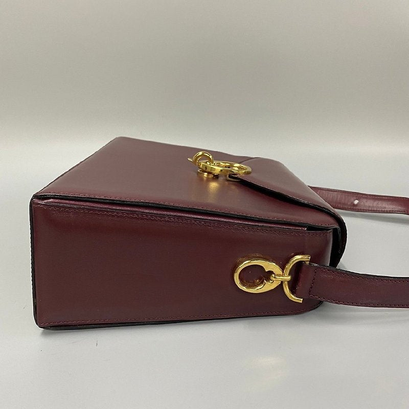CELINE rare wine red double gold buckle leather box small bag/side backpack/underarm bag