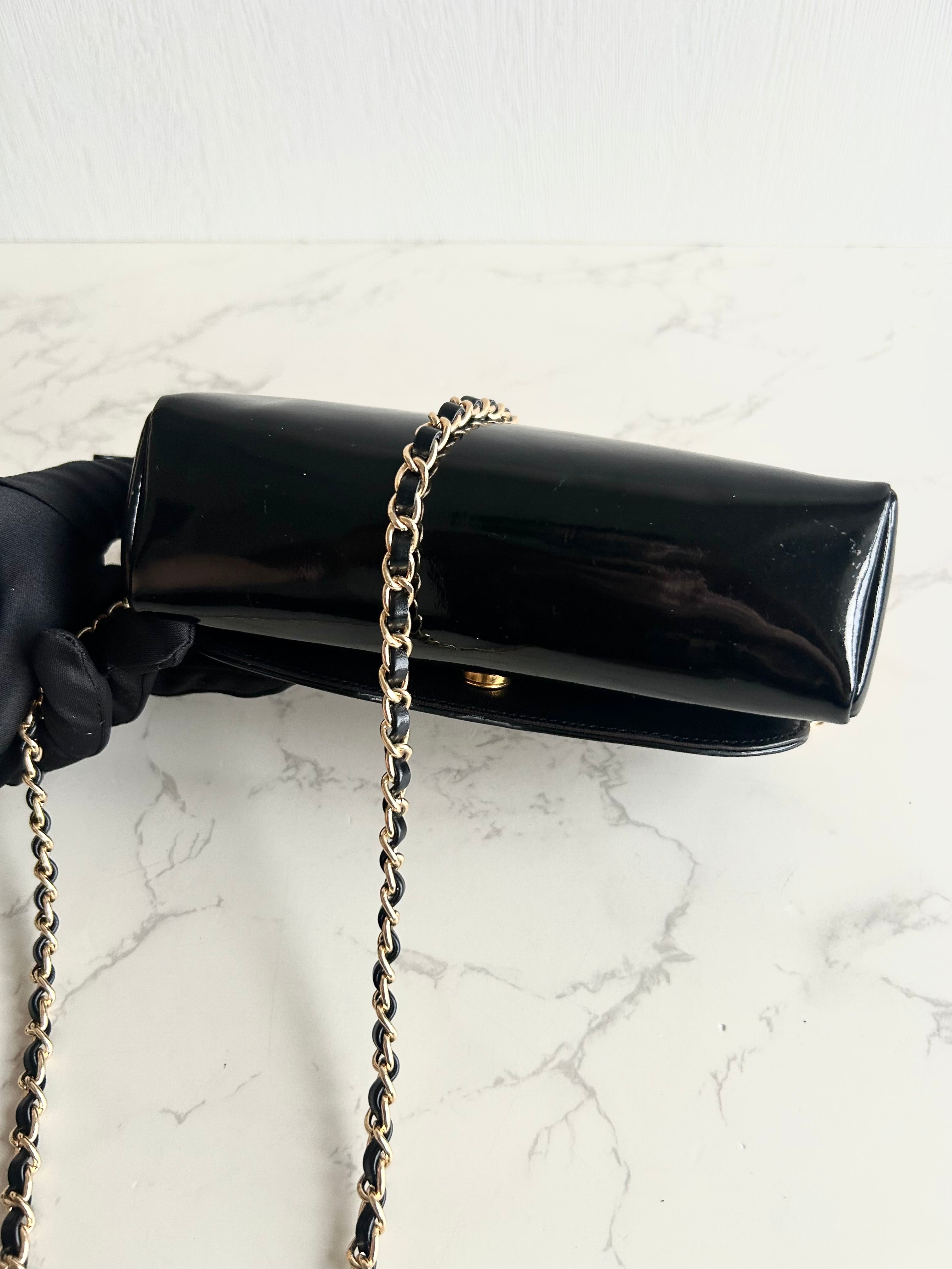 Rare Used Chanel Black and Gold Two-Way Crossbody Bag with Mirror