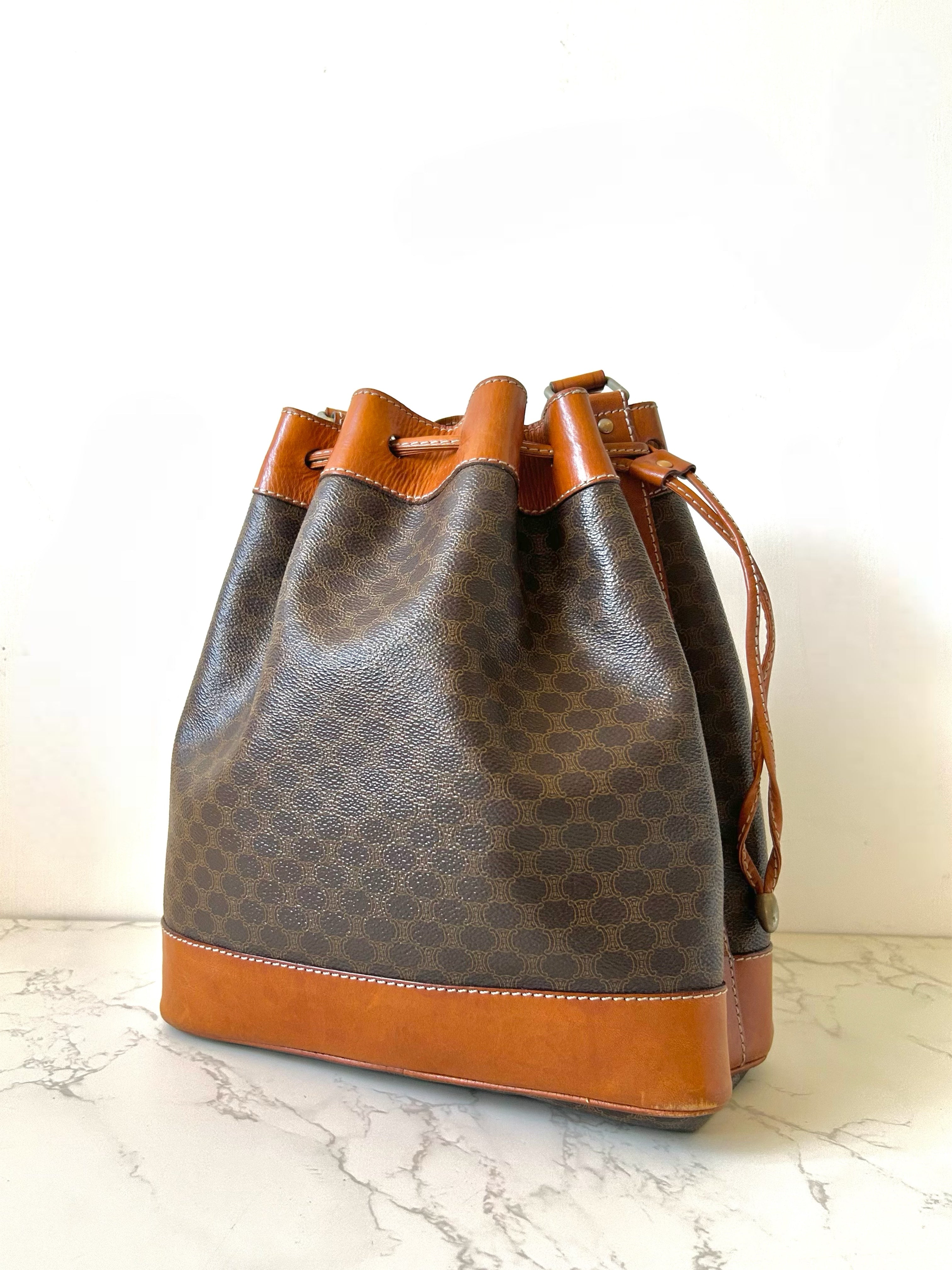 CELINE Brown Old Flower Leather Drawstring Bucket Bag / Side Bag