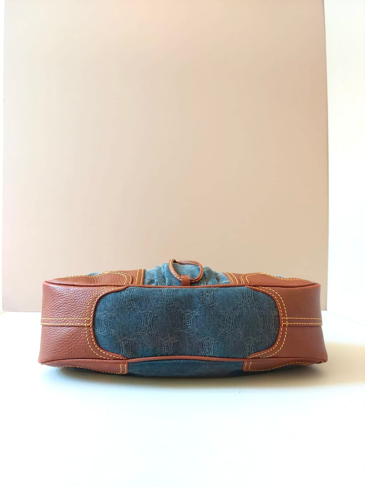 CELINE rare denim blue old flower leather small bag / side backpack / underarm bag