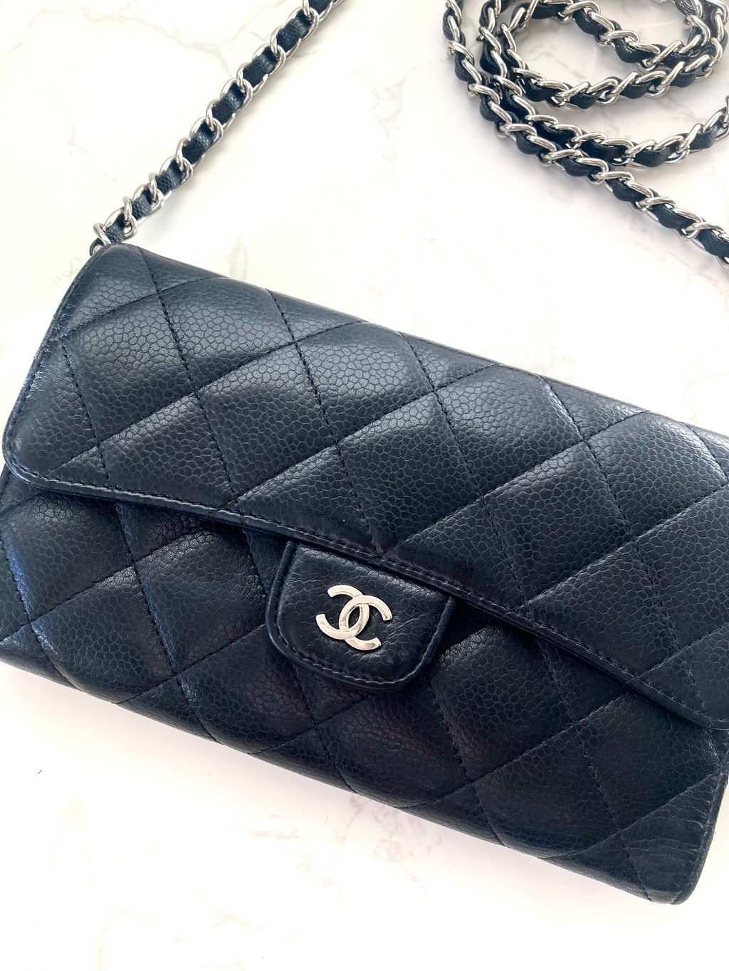 CHANEL Black Caviar Leather Classic Flap Wallet-on-Chain WOC (Add-on Chain)