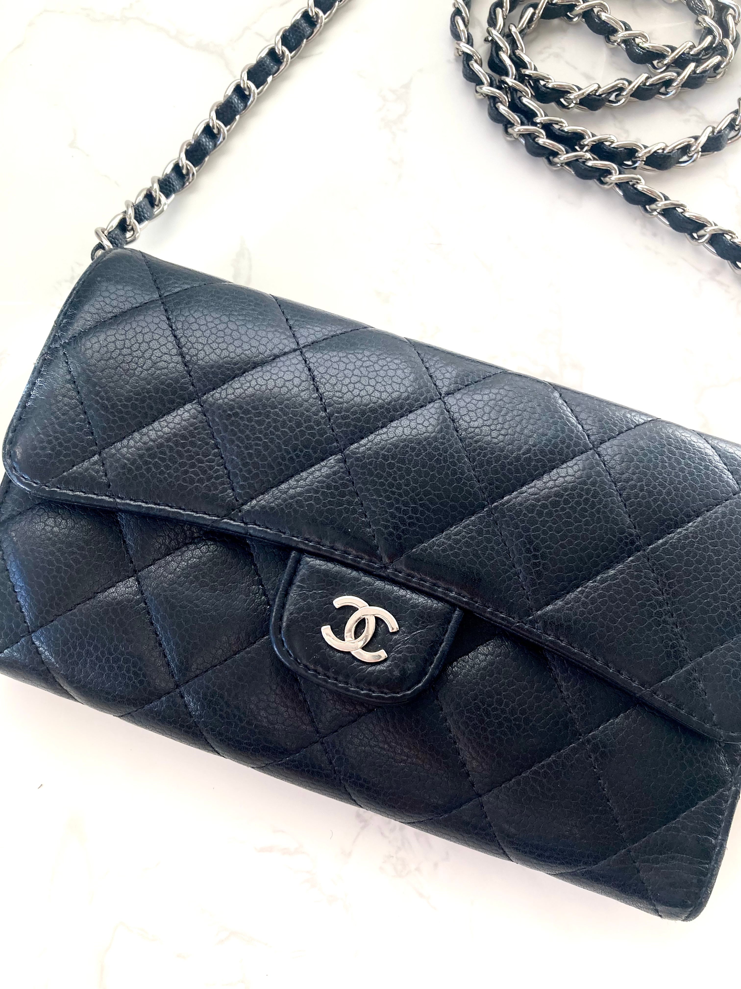 CHANEL Black Caviar Leather Classic Flap Wallet-on-Chain WOC (Add-on Chain)