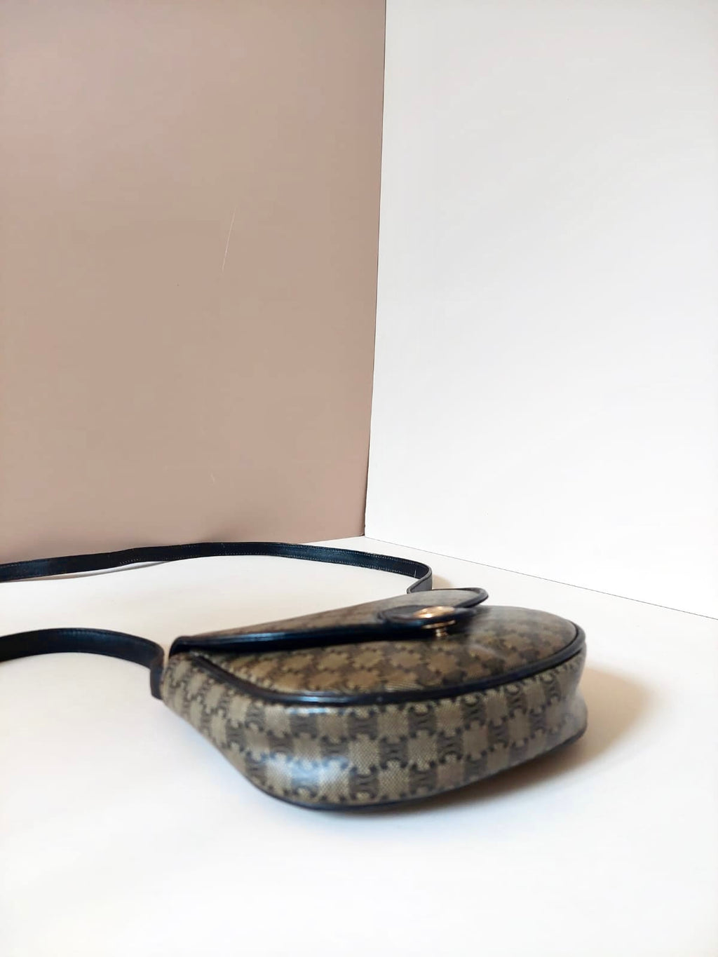 CELINE rare black and gray old flower saddle bag / side bag / oblique bag