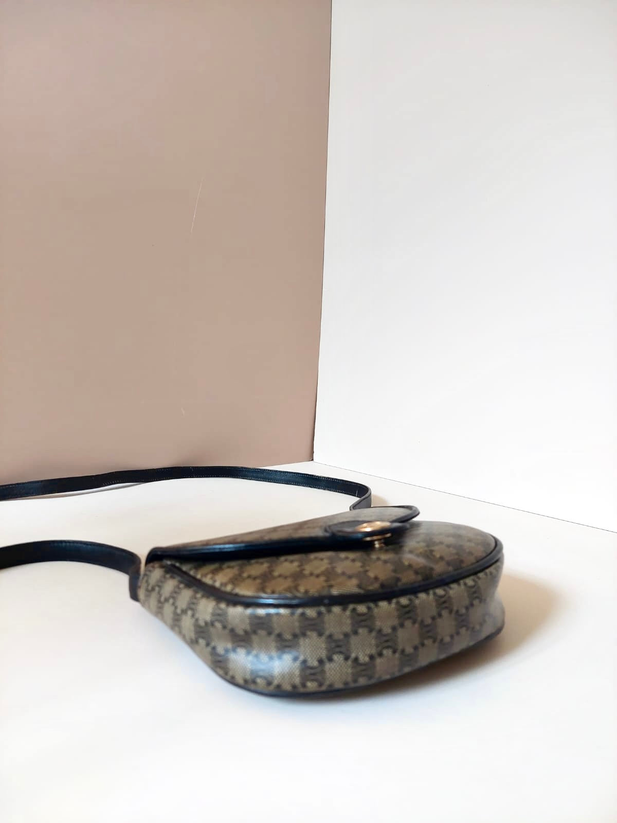 CELINE rare black and gray old flower saddle bag / side bag / oblique bag