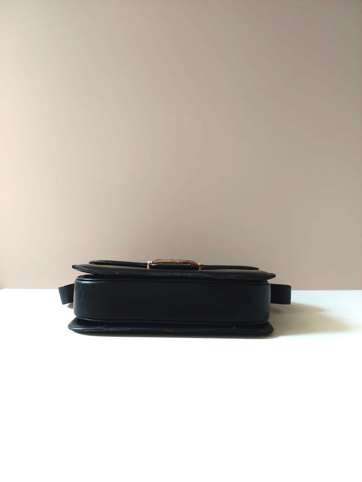 CELINE Classic Carriage Gold Buckle Black Leather Side Bag