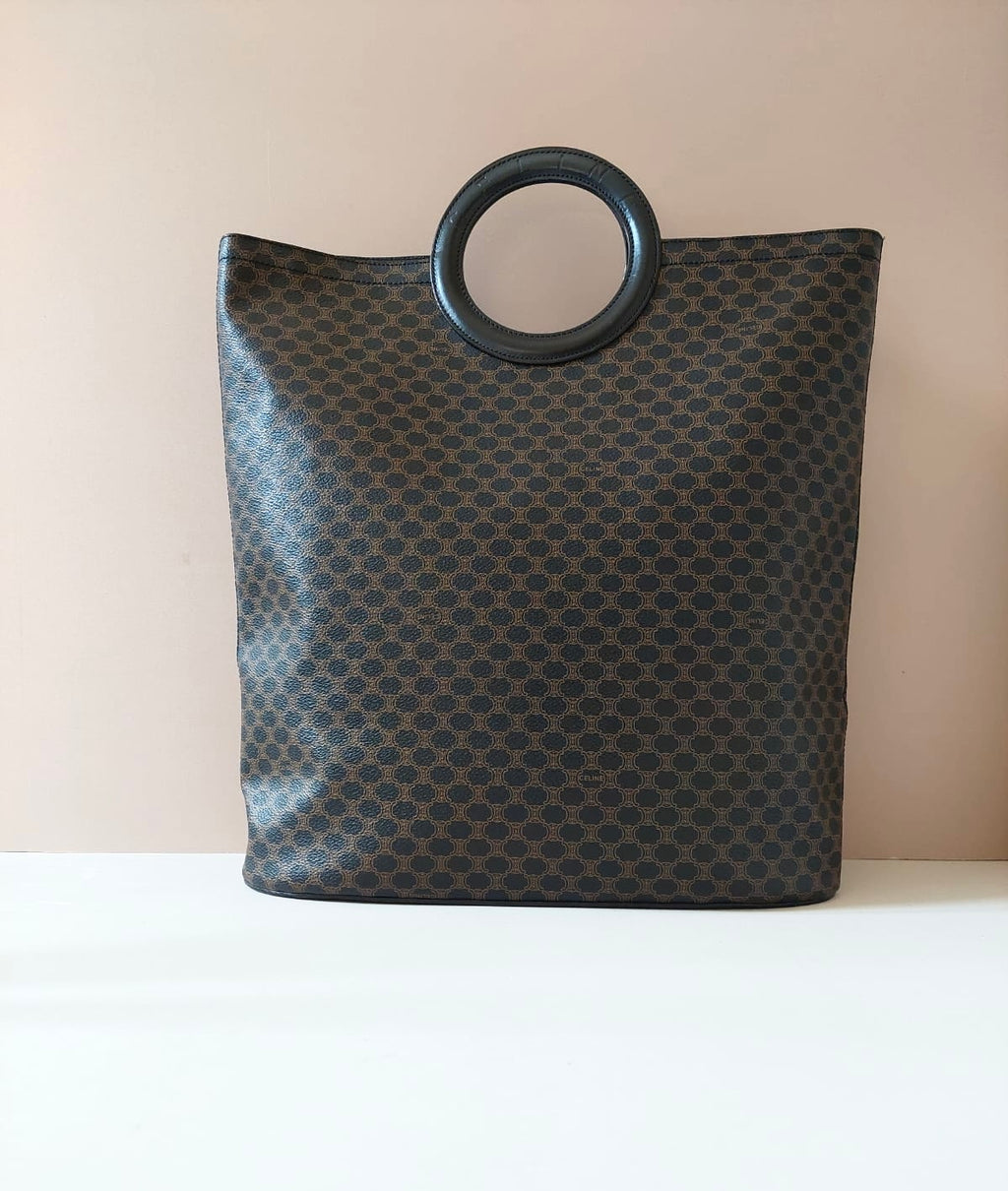 Celine large leather ring coffee color old flower tote bag / handbag