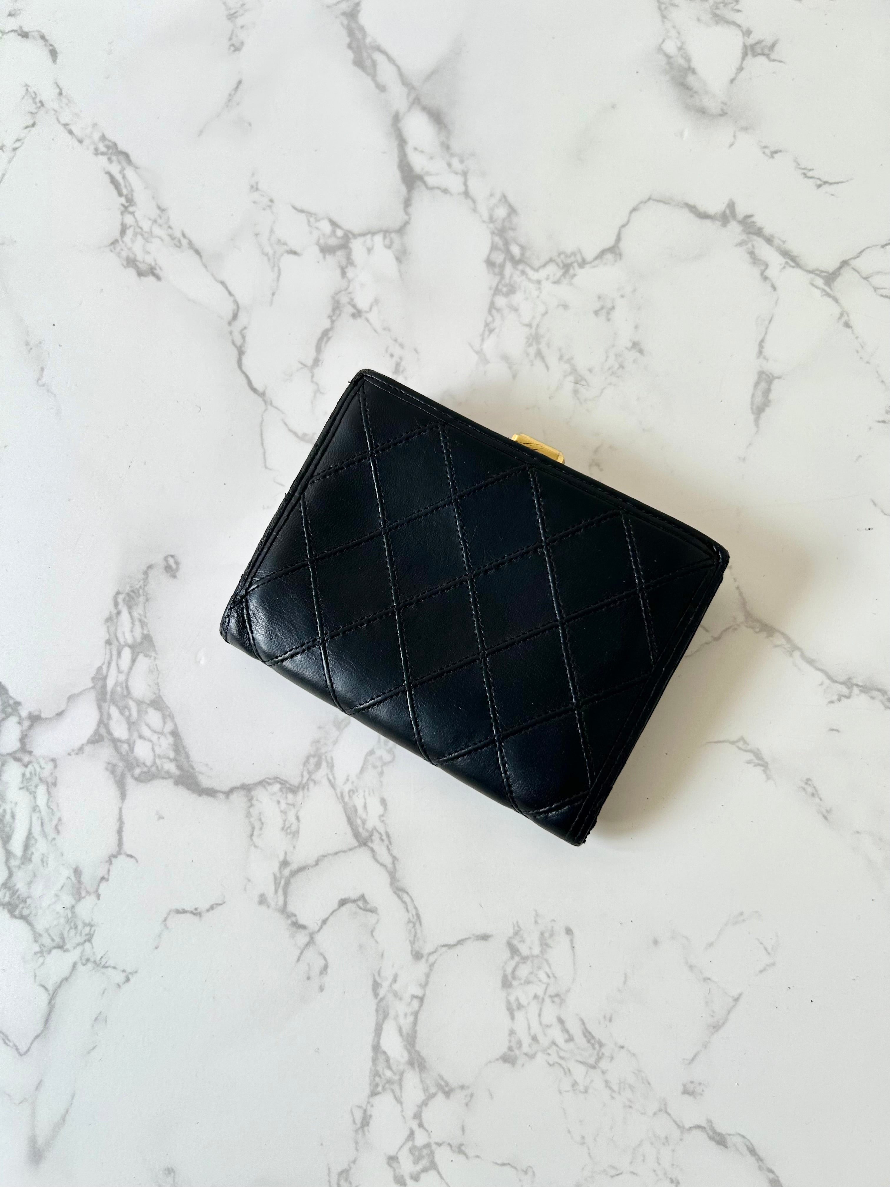 CHANEL rare black lambskin leather large gold buckle gold label short wallet / wallet
