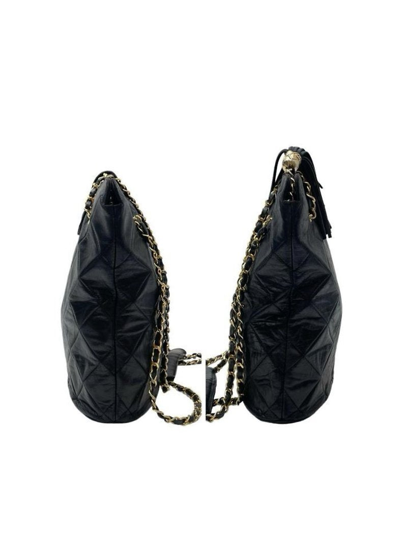 CHANEL rare black gold tassel chain leather bucket bag / small tote bag / side backpack