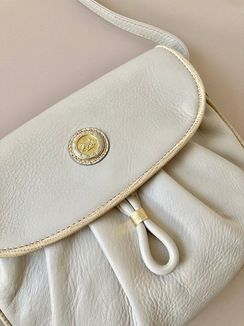 CELINE rare white gold emblem leather messenger bag / side bag / oblique bag