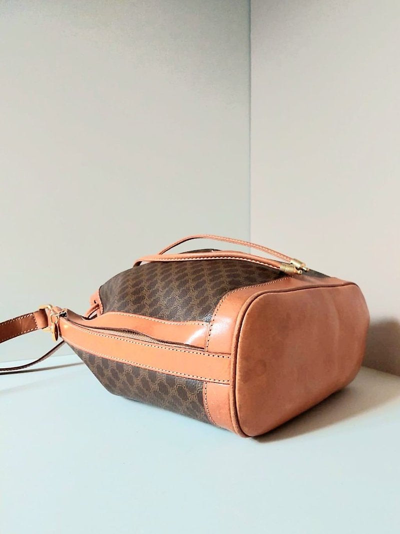 CELINE Brown Old Flower Leather Drawstring Bucket Side Backpack / Shoulder Bag