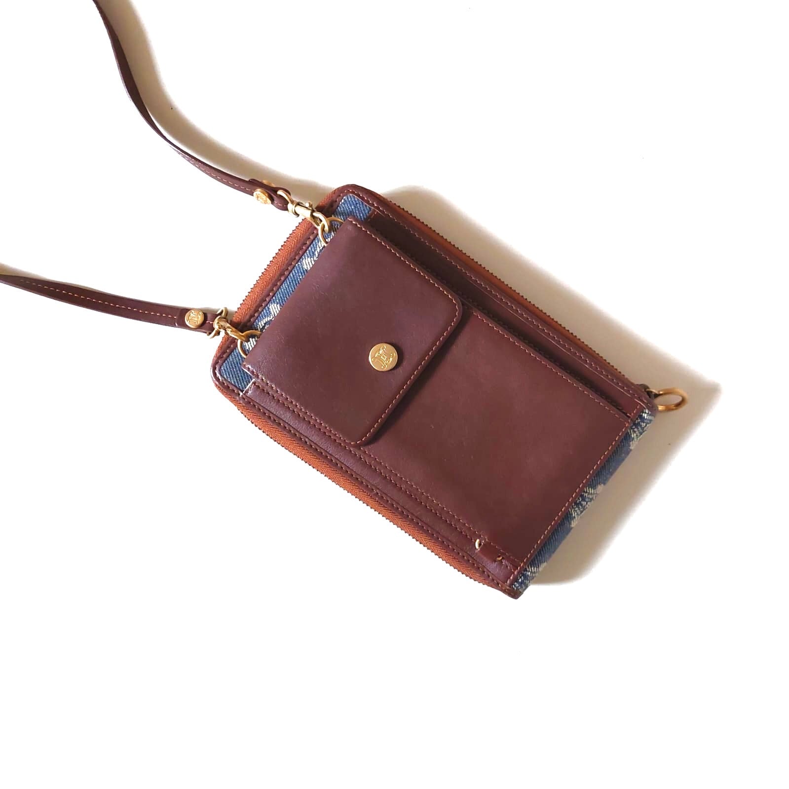 CELINE rare denim blue single shoulder old flower small bag/long clip/wallet/side bag/oblique bag
