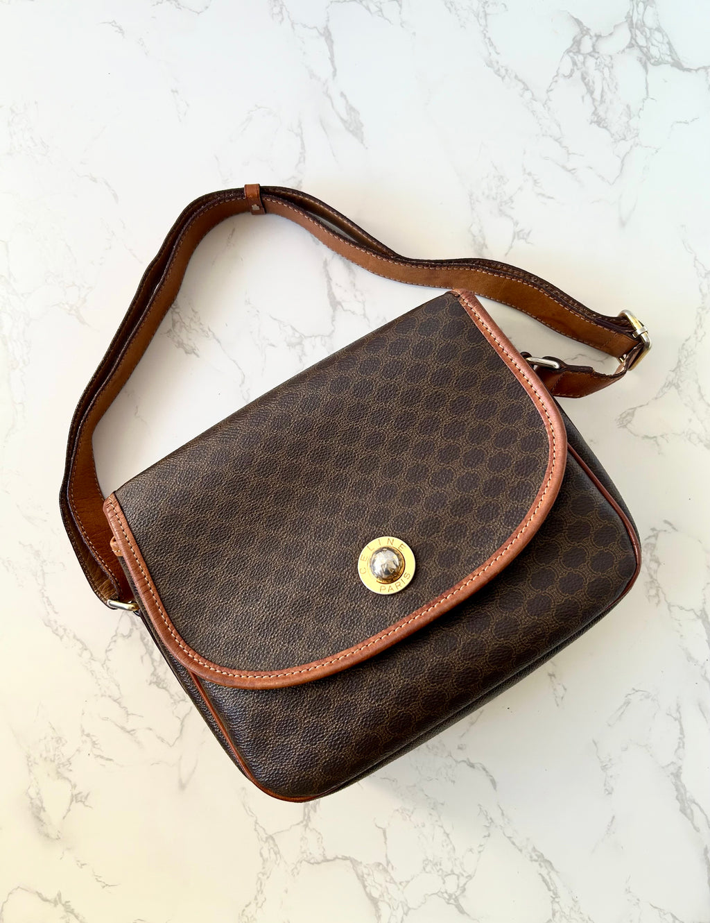 CELINE Rare Planet Brown Old Flower Leather Tofu Small Bag/Side Bag/Messenger Bag