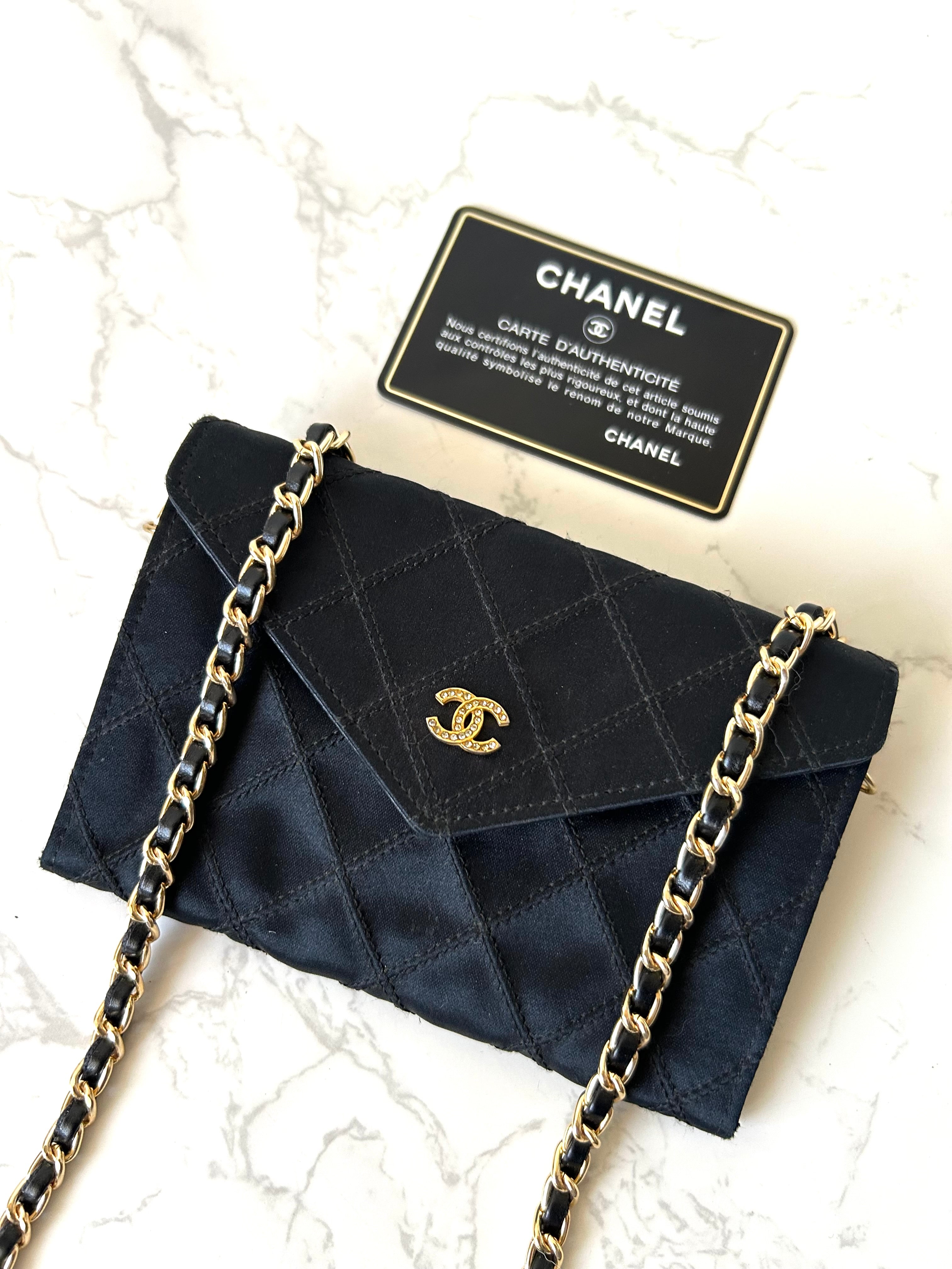 CHANEL Rare Black Satin Rhinestone Small Bag/Side Bag/Messenger Bag/Clutch Bag