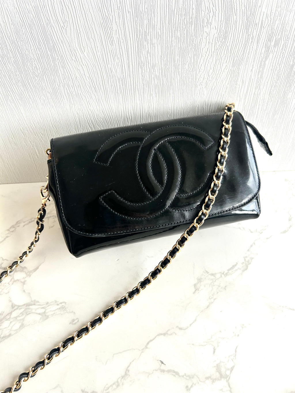 稀有中古Chanel 黑金色連鏡子斜背包 側背包