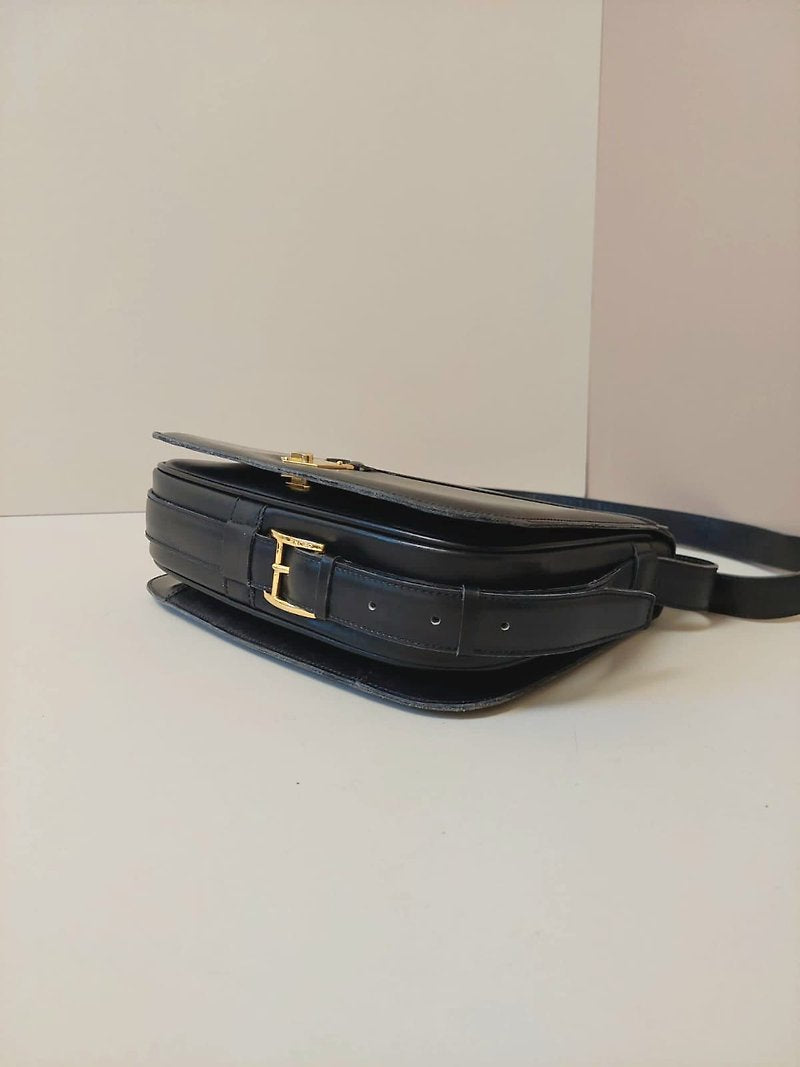CELINE rare black small gold lock cowhide leather box small bag / side backpack / oblique backpack