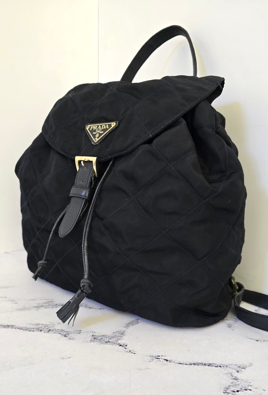 Prada 黑藍外縫格紋流蘇雙肩包 後背包 背囊