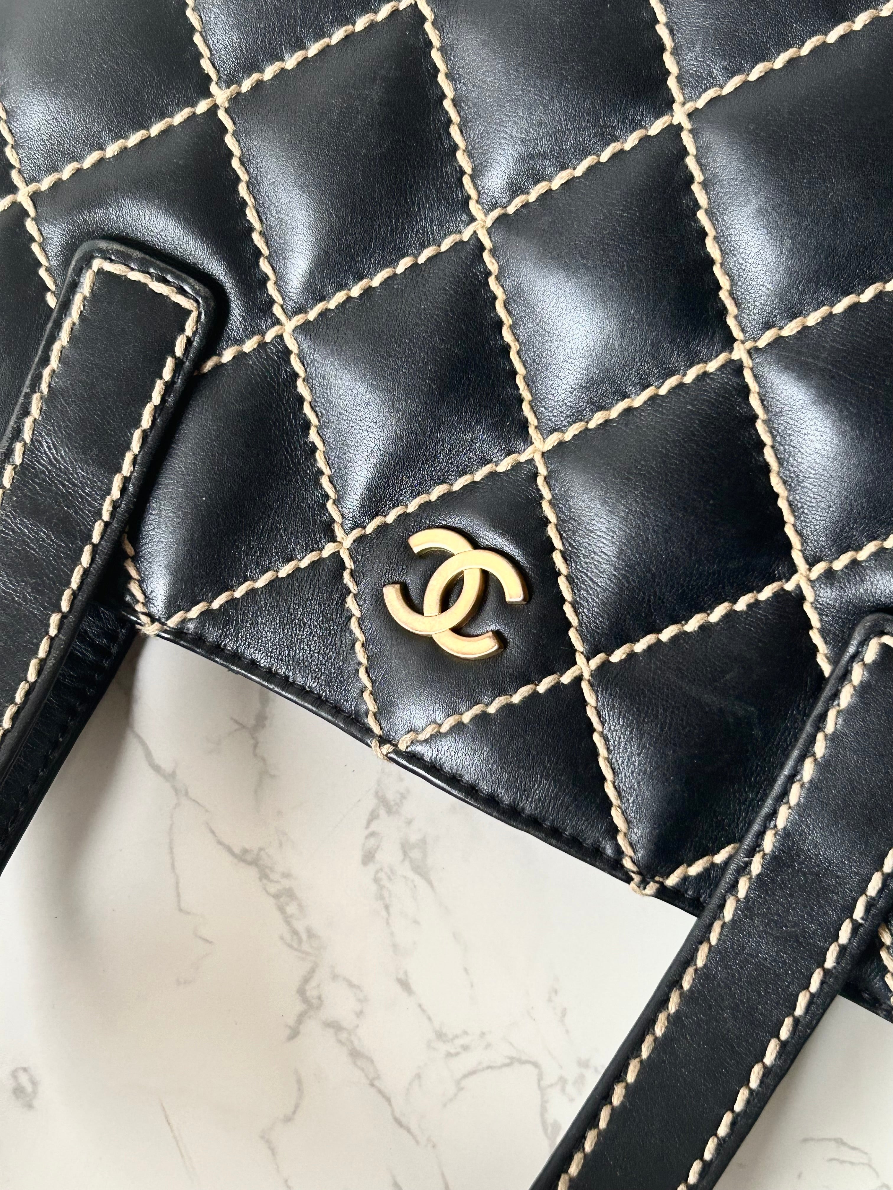 CHANEL Wild Stitch Vivian black gold label small tote bag / side bag